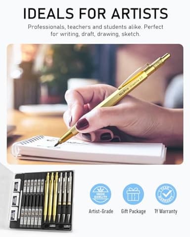 Nicpro Gold Art Mechanical Pencil Set, Metal Drafting Pencil 0.5, 0.7, 0.9mm & 2mm Lead Holder(2B HB 2H) For Sketching Drawing With Lead Refills Case - Image 6