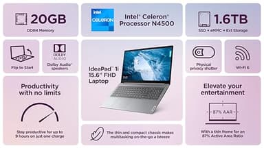 Lenovo IdeaPad Laptop Computer 2025, 15.6" Display, 20GB RAM, 1.6TB Storage (1TB SSD + 128GB eMMC + 500GB Ext), Intel Dual Core Processor, Long Battery, MarxsolAccessory, 1 Year Office 365, Win 11 - Image 3
