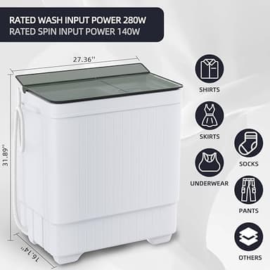 Sustainova Portable Washing Machine Twin Tub 18.7 Lbs Capacity, (14.3 Lbs) and Spinner(4.4 Lbs) Combo Compact Laundry Washer for Home, Apartment, Camping, RVs and Dorms, Black/White - Image 2