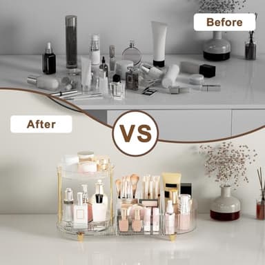 Makeup Organizer Countertop for Vanity, Rotating Perfume Tray with 5-compartment Cosmetic and Skincare Organizers, Multi-Purpose Desk Storage Makeup Brush Holder for Bathroom Bedroom Counter - Image 3