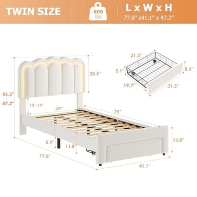 Twin Upholstered LED Bed Frame with Storage Drawer and Adjustable Chic Double Wavy Headboard, Velvet Princess Platform Bed for Kids/Girls, Solid Wood Slats Support, No Box Spring Needed, Beige - Image 2