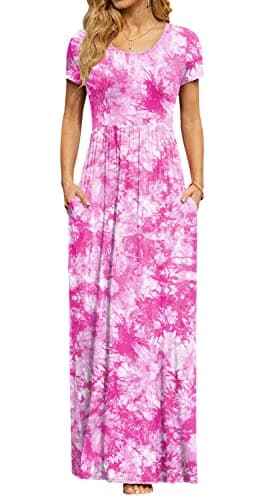 DB MOON Womens 2025 Casual Summer Maxi Dresses Short Sleeve Empire Waist Spring Long Dress with Pockets(Pink Tie Dye, M) - Image 1