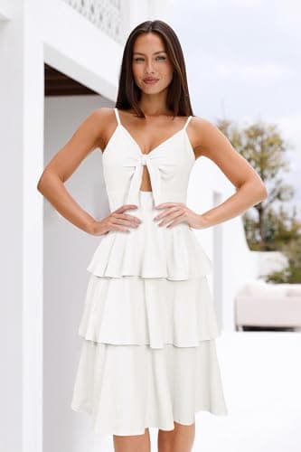 VOTEPRETTY Womens 2025 Summer Dress Midi V Neck Tie Front Casual Spaghetti Strap Vacation Tiered Ruffle Sundress(Light White,L) - Image 2