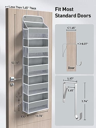 Yecaye 1 Pc Over the Door Organizer with 5 Bins 10 Side Pockets, 44lbs Load Hanging Bathroom and Bedroom Organizer, behind the Door Hanging Organizers for Nursery Newborn Baby Essential Stuff Grey - Image 7