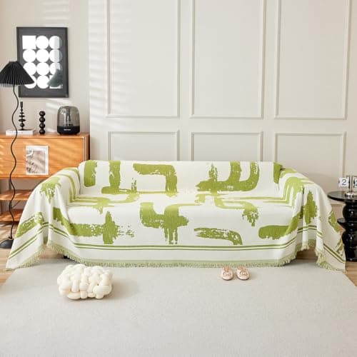 DREAMINGO Abstract Striped Couch Cover, Beige Chenille Loveseat Cover for 2 Cushion Couch Sofa, Jacquard Sofa Covers for Living Room, Modern Style Couch Covers for Sectional, 71"x118", Green - Image 1