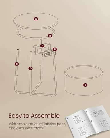 VASAGLE LILEA Collection - Side Table with Charging Station, Round End Table with Fabric Basket, Nightstand with USB Ports, for Living Room, Bedroom, Modern, Matte White and Camel Brown ULET228W01 - Image 8