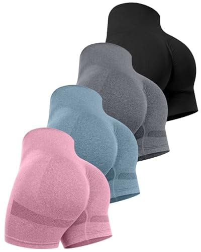 CHRLEISURE Women's 4 Packs Workout Gym Shorts, High Waisted Butt Lifting Scrunch Butt Seamless Booty Shorts(Black,DGray,Pink,Blue,2XL) - Image 1