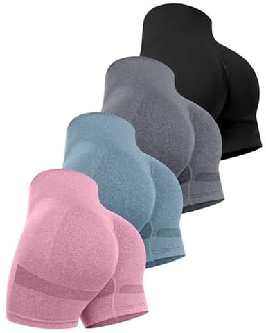 CHRLEISURE Women's 4 Packs Workout Gym Shorts, High Waisted Butt Lifting Scrunch Butt Seamless Booty Shorts(Black,DGray,Pink,Blue,2XL) - Image 1