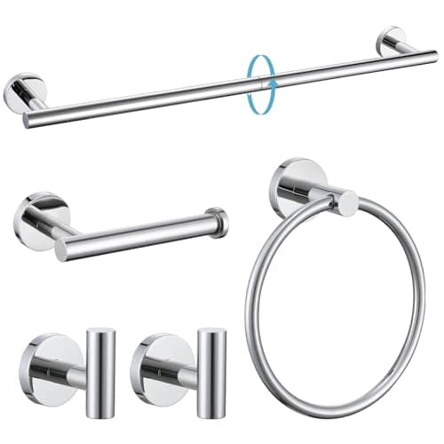 TURS Chrome 5 Piece Bathroom Hardware Set, SUS304 Stainless Steel 24 Inch Bath Towel Bar Set, Round Bathroom Accessories Kit Wall Mounted - Image 1