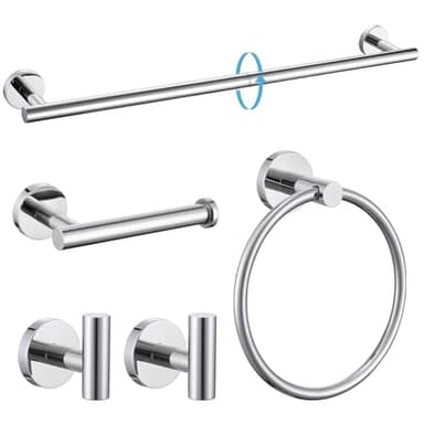 TURS Chrome 5 Piece Bathroom Hardware Set, SUS304 Stainless Steel 24 Inch Bath Towel Bar Set, Round Bathroom Accessories Kit Wall Mounted - Image 1