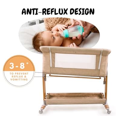 Bassinet Bedside Sleeper for Baby 6 Months, Convertible Cosleeping Baby Bed Attach to Bed with Wheels, Mattress, Storage Diaper Caddy, 6 Adjustable Height, Breathable Mesh Drop Down Side, Gold - Image 5