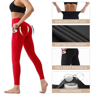 High Waisted Leggings for Women with Pockets - Tummy Control Yoga Pants for Workout Running Athletic No See Through Dark Red - Image 4