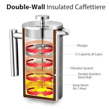 34oz French Press Coffee Maker, 1000ml Stainless Steel Double Insulated Cafetiere 8 Cup Espresso Coffee Press, Portable Coffee Plunger Pot for Home, Office, Camping - Image 4