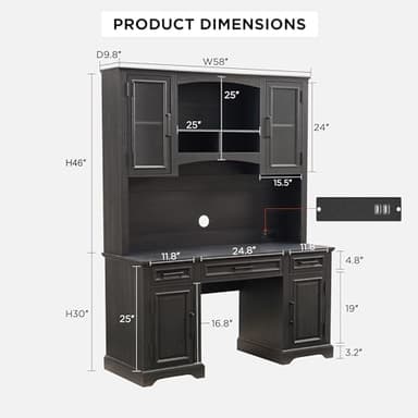 JXQTLINGMU Farmhouse 76" Height Computer Desk with Hutch, Office Desk with Charging Station, Drawers and Storage Cabinet, Workstation for Office Home, Black - Image 2