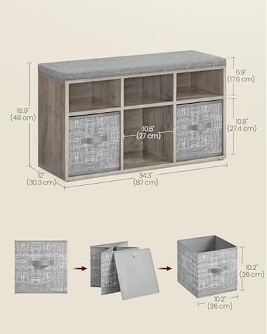 VASAGLE Shoe Bench with Cushion, Shoe Storage Bench with 6 Compartments and 3 Adjustable Shelves, Entryway Bench with 3 Storage Boxes, for Bedroom, Closet, Living Room, Heather Greige ULSB101K01 - Image 3