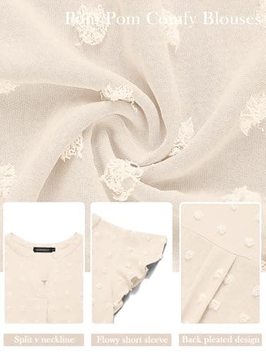 MEROKEETY Women Casual V Neck Flutter Short Sleeve Blouse Swiss Dot Loose Tunic Shirt Top Apricot Small - Image 5