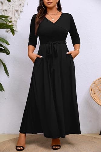 Runwind Plus Size Dress for Women - 3/4 Sleeve V Neck Maxi Dresses for Women Black 2XL - Image 2