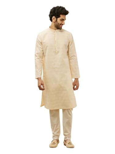Manyavar Men Blended Cotton Checks Kurta Pyjama Set S Cream - Image 1