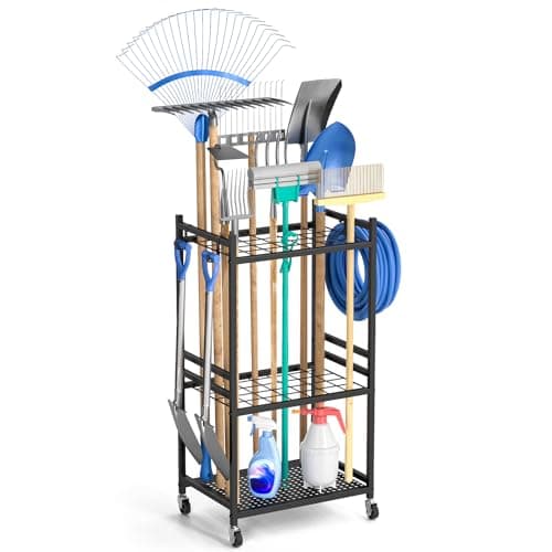 DAOUTIME Garden Organizer With Wheels, Yard Tower Rack for Garage Storage, Up to 35 Long-Handled Tools, Sturdy Metal Steel Holder With 3 Hooks, Outdoor, Black - Image 1