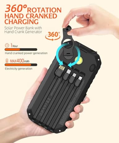 QiSa Solar Charger Power Bank 40000mAh Built in 4 Cables and Hand Crank, Portable Charger 22.5W Fast Charger 6 Outputs & 4 Inputs External Battery Pack with Bright Flashlight and Compass - Image 5