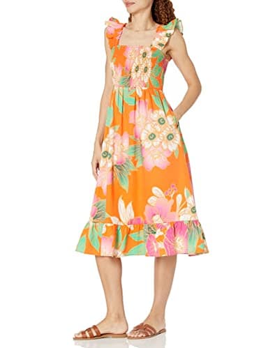 The Drop Women's Kimi Ruffled Shoulder Smocked Midi Dress, Fire Orange Floral, XS - Image 4