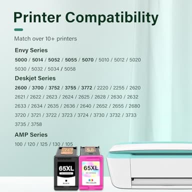 65XL 65 Ink Cartridges Black/Color Combo Pack DeskJet 3755 Envy 5055 Remanufactured Replacement for HP65 XL Black and Color for HP Envy 5052 5000 DeskJet 3772 3700 2600 3752 Printer (Black Tri-Color) - Image 2