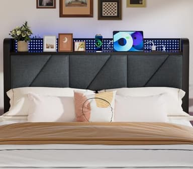 Furnulem Full Bed Frame with LED Lights,Headboard with Charging Station and USB Port,Upholstered Platform Bedframe Metal Support,No Box Spring Needed - Image 6