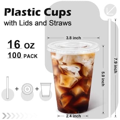 Huifany 100 Pack 16 oz Disposable Plastic Cups with Lids and Straws, Clear Party Coffee Cups for Cold Beverages, Smoothies, Iced Coffee, and Leak-Proof, BPA-Free - Image 2