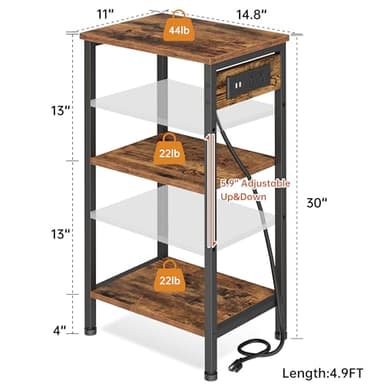 Asgolion Tall End Table with Charging Station, 3 Tier Narrow Tall Nightstand with Storage, Slim Side Table with USB Ports and Outlets for Bedroom, Living Room, Office, Rustic Brown and Black - Image 3
