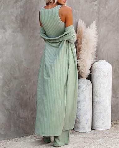 Fessceruna Womens 3 Piece Lounge Sets Pajamas Knit Long Sleeve Cardigan Crop Top Wide Leg Pants Loungewear Set - Image 7