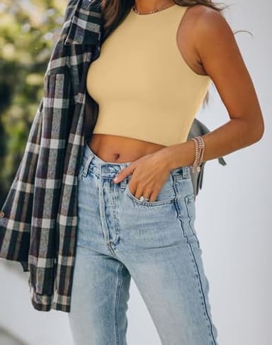 REORIA Women's Sexy Sleeveless High Neck Crop Tank Top Racerback Double Lined Cute Basic Cropped Tops 2025 Going Out Shirts Honeybee Small - Image 2