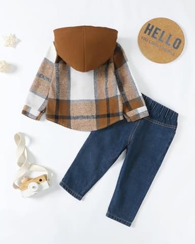 Yhnslsf 3T Boy Clothes 4T Fall Winter Baby Boy Sweatshirts Flannel Plaid Button Hoodied Shirts Ripped Denim Outfits Jeans Pants Set 3-4 Littler Boy Clothes - Image 4