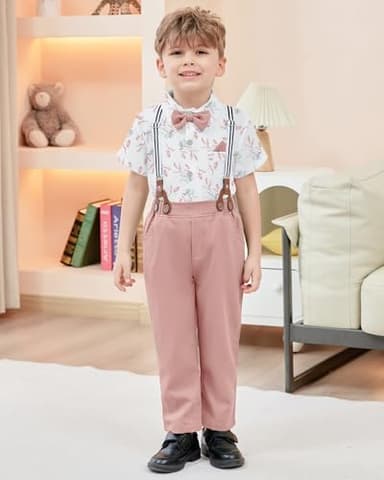 DISAUR Baby Boy Gentleman Outfit White Flower Dress Shirt Pink Suspender Pants Toddler Suits for Boys 3t 4t 3-4t - Image 7
