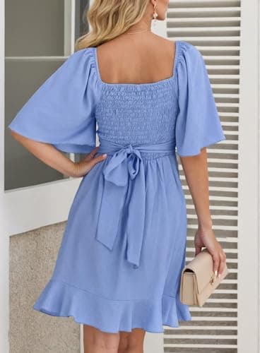 Dokotoo Women's 2025 Casual Wrap V Neck Short Sleeve Smocked Elastic Waist Tiered Belted Ruffle Hem Mini Dress Graduation Dress Summer Dress Sky Blue XL - Image 2