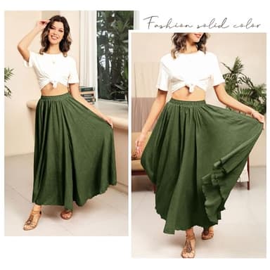 Ezcosplay Women Boho Maxi A Line Skirt Elastic Waist Summer Bohemian Flowy Long Beach Swing Skirts Army Green - Image 4