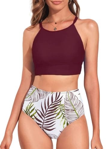 Herseas Women's Bikini Sets High Neck Floral Print High Waisted Longline Bikini TopsTwo Pieces Swimsuits Seamless Sporty Teens Dark Purple Bathing Suits X-Small - Image 1