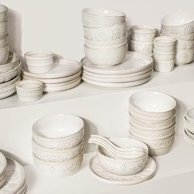 Artena Pasta Bowls, 50oz Large Salad Serving Bowls, 9.75'' Plates Bowls Set of 4, Big White Ceramic Soup Bowls for Kitchen, Embossment Shallow Dinner Bowl, Microwave Dishwasher Safe, Multiple Patterns - Image 5