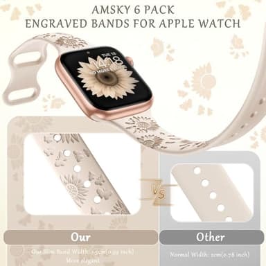 AMSKY 6 Pack Slim Floral Engraved Bands Compatible with Apple Watch Band 40mm 41mm 42mm 38mm 44mm 45mm 46mm 49mm for Women,Cute Silicone Sport Strap for iWatch Series 10 Ultra 9 8 7 6 5 4 3 2 1 SE - Image 2