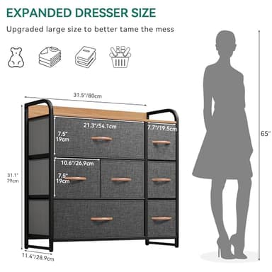 YITAHOME Dresser with 7 Drawers Storage Tower, Organizer Unit for Bedroom, Living Room, Hallway, Closets & Sturdy Steel Frame, Wooden Top & Easy Pull Fabric Bins, Grey - Image 3