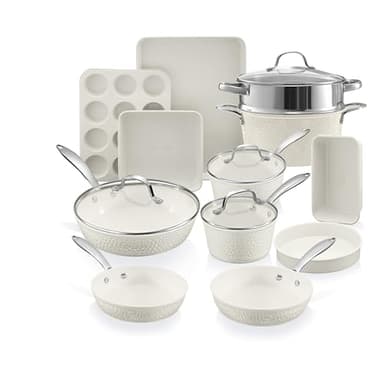 Gotham Steel Hammered 15Pcs Ceramic Cookware Set Nonstick, Induction Pots and Pans Set Non Stick with Bakeware Set & Steamer for Cooking, Non Toxic PFOA PFOS Free, Oven & Dishwasher Safe, Cream White - Image 1