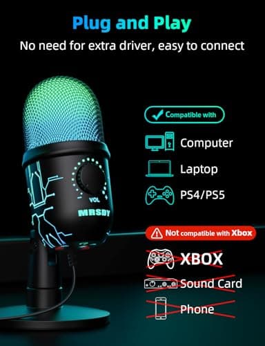 MRSDY Gaming Microphone, USB Computer Microphone for PC, Mac, PS4/5, Condenser Podcast Mic for Studio Recording, YouTube, Streaming, with Headphone Jack, Led Light, Mute, Gain, Noise Cancellation - Image 2