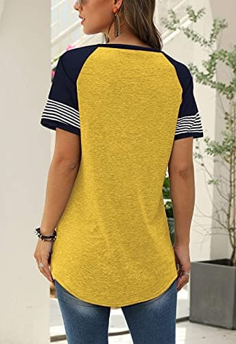 Adibosy Women Summer Casual Shirts: Short Sleeve Striped Tunic Tops - Womens Color Block Tee Tshirt Blouses Yellow XL - Image 4