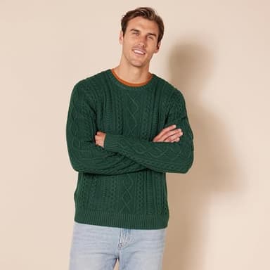 Amazon Essentials Men's Long-Sleeve 100% Cotton Fisherman Cable Crewneck Sweater, Dark Green, Medium - Image 6