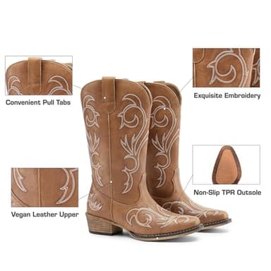 DREAM PAIRS Women's Cowboy Boots Mid Calf Cowgirl Boots Square Toe Chunky Heel Embroidery Stitched Western Boots,Size 7.5,Tan,SDMB2403W - Image 5