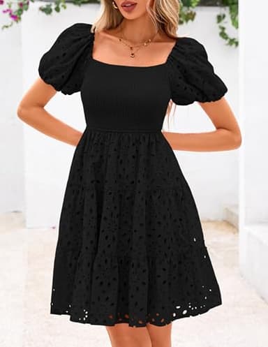 PRETTYGARDEN Womens Summer Puff Sleeve Mini Dress Off Shoulder Eyelet Smocked A Line Casual Babydoll Short Dresses (Black,Medium) - Image 8