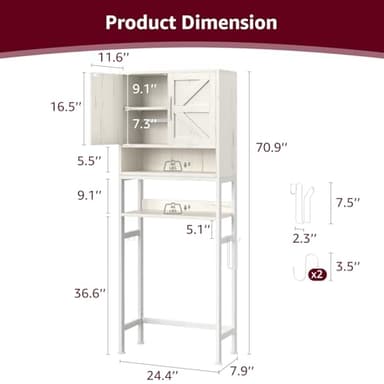 MEUIS Over The Toilet Storage Cabinet - Farmhouse Bathroom Shelves with Doors Freestanding Organizer Narrow Floor Stand Shelf Above Toilet 71" Tall, Distressed White - Image 2