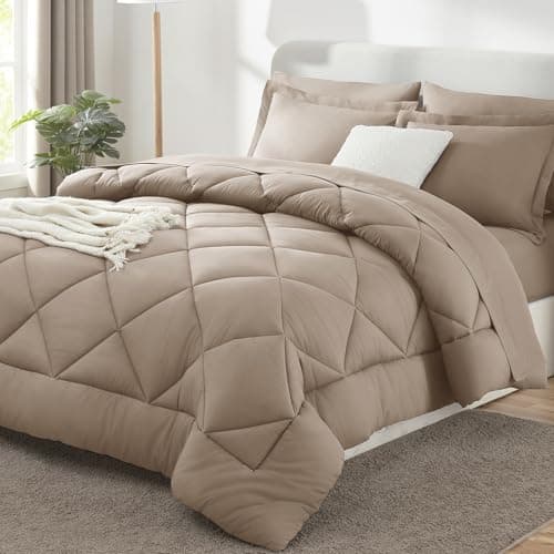 CozyLux Full Size Comforter Sets Khaki - 7 Pieces Bed in a Bag Full, Luxury Soft Bed Set for All Seasons, Bedding Set with Down Alternative Comforter, Sheets, Pillowcases & Shams - Image 1
