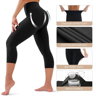 High Waisted Capri Leggings for Women - Tummy Control Soft Yoga Pants for Workout Running No See Through Plus Size Black - Image 4
