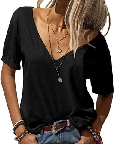 Danedvi Women Fashion Deep V-Neck Short Sleeve Tops Solid Casual Loose Basic T Shirt - Image 1