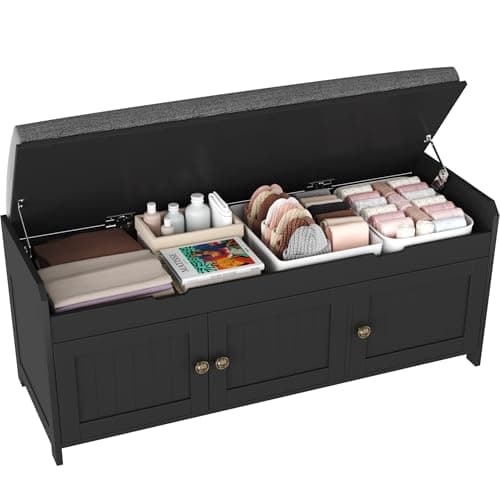 HOMEFORT 41.3" Shoe Bench with Lift Top Storage, Entryway Bench with Cushioned Seat, Wooden End of Bed Bench, Shoe Cabinet Bench with Hidden Storage Space, for Bedroom, Hallway,Black - Image 1